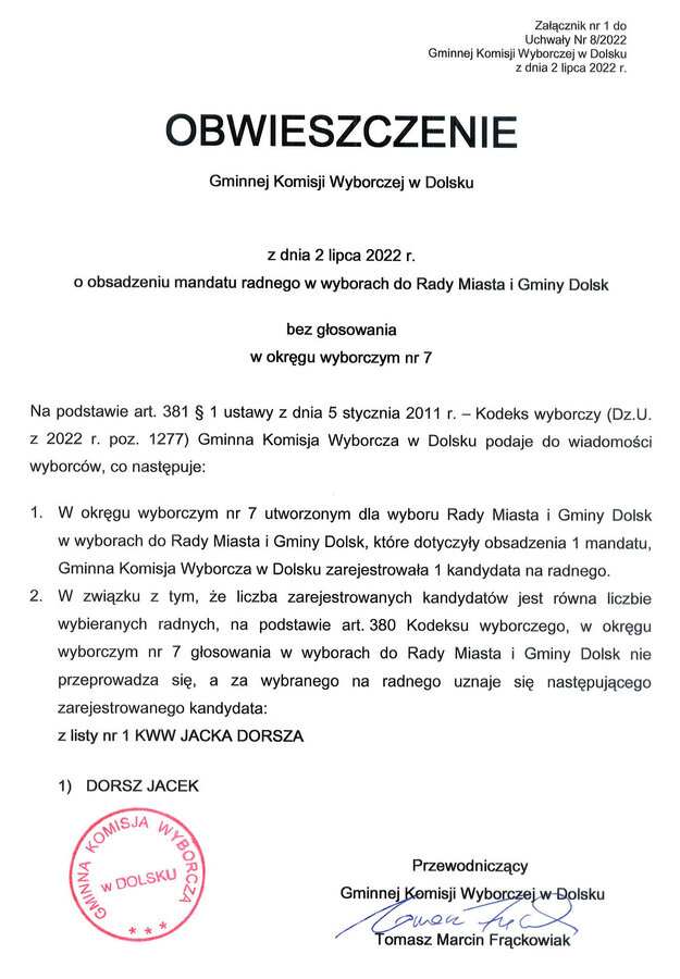 OBWIESZCZENIE Gminnej Komisji Wyborczej w Dolsku - skan dokumentu