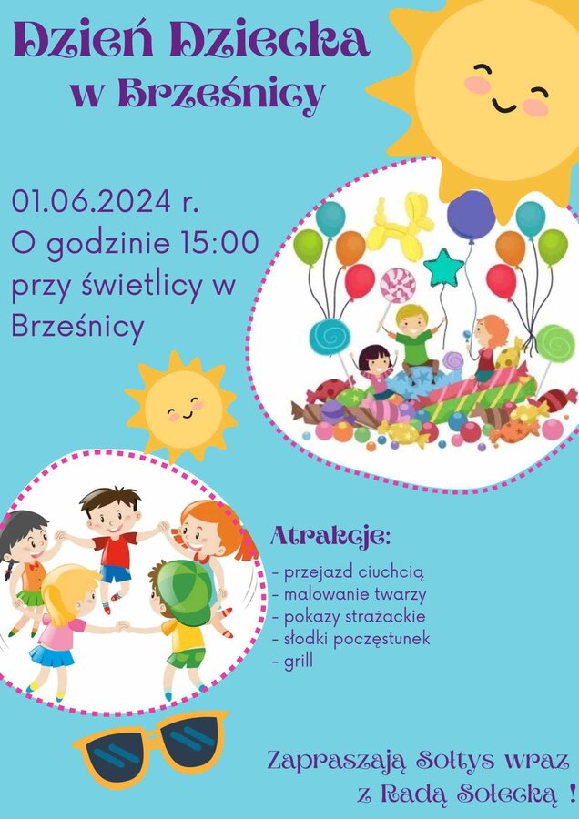 Plakat - zaproszenie na Dzień Dziecka w Brzśnicy 1 czerwca 2024 r.